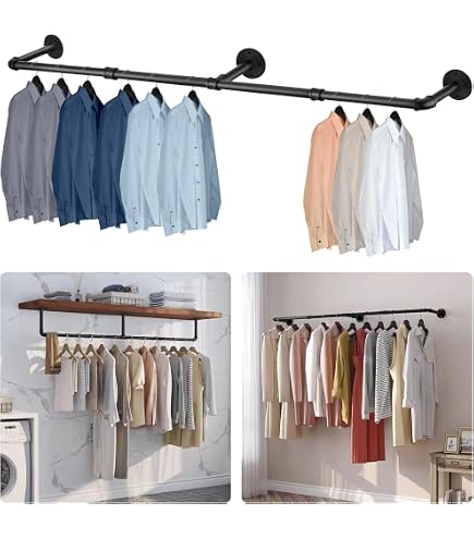 Portant à Vêtements Murale Industriel 167cm | Tringle Métal Noir Pour Chambre - Capacité 70kg