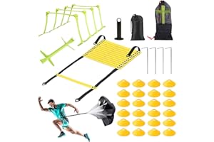 UENNM Agility Ladder Kit d'entraînement- Entrainement Foot Ensemble Agile, 1 Échelle de Rythme, 24Cones de Sport,1 Parachute à résistance,1 parachute de résistance,5 haies réglables,1 Sac de Transport