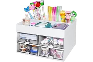 LYLIDIA Desk Tidy Organiser with 4 Drawers White Compact Stationary Storage Organiser Large Capacity Desktop Storage Pen Pencil Holder Supplies Organizer for Office School Home