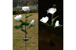 Homeleo Solar Powered Garden Flower Lights Outdoor, Waterproof Artificial Rose Decorative Lights for Christmas Garden Backyard Patio Pathway Front Yard Decoration- White