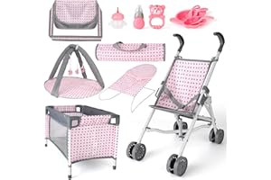 deAO Kids 5 in 1 Baby Doll Pretend Play Set Dolls,Baby Doll, Kids Pushchair for Dolls, Baby Doll Cot, Dolls Cradle, Play Mat,Doll Accessories (Doll Not Included)