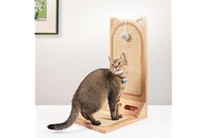 Kratzbrett Katze aus Massivholz, 58 cm Hohe, MALOROY L Förmige Kratzpappe für Katzen, widerstandsfähig Katzenkratzbrett mit Ballspielzeug, Katzen Kratzmöbel für Wand und Ecke