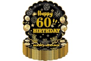 HFBOBP 50Pcs 60th Birthday Party Paper Plates,7inch Disposable Black and Gold Scalloped Dessert Tableware for Wedding Anniversary Reception Event Decorations