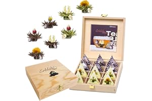 ‎CREANO Creano Teelini Teeblumen im Tassenformat, Geschenkset in Teekiste aus Holz, 12 Erblühteelini in 8 Sorten - Weißer Tee & Schwarzer Tee