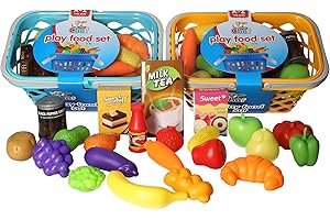 ATOZ Kids Play Food Set with Shopping Baskets, 20+ Pieces, Fruits Vegetables and Groceries, Educational Pretend Kitchen Toys, Yellow