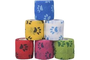 XNHIU Euvoym 6 Rolls Paw Print Pet Vet Wrap Self-Adhesive Pet Elastic Bandage Non- Woven Elastic Cohesive Tapes for Wrist Healing, Ankle Sprains & Swelling (Paw Print)