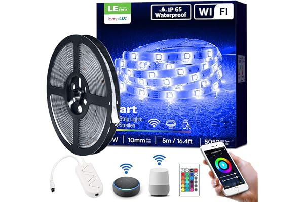 LE Ruban LED Connecté WIFI 5M 24W Étanche IP65, RGB 5050 16 Millions de Couleurs, Bande LED Adjustable Découpable avec Minuterie et Télécommande, Compatible avec Alexa, Google Home, Smartphone APP