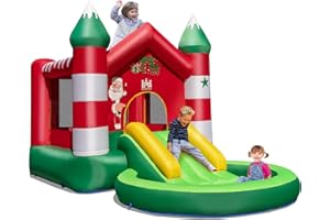 GOPLUS Castillo hinchable de Navidad, castillo hinchable para niños con gran área de salto, tobogán y piscina infantil, castillo hinchable para jardín parque, con bolsa de transporte y estacas de