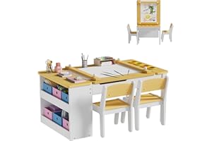 MSFE Mesa Infantil de Madera con Sillas, Escritoio de Caballete para Niños con 6 Cajas de Almacenamiento y 2 Sillas de Madera, Mesa de Juego para Niños, 104 * 60 * 53CM
