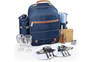 Sunflora Sac à Dos Isotherme pour Pique-Nique pour 2 Personnes avec Compartiment glacière, Couverture et Ensemble de Couverts en Acier Inoxydable pour Couple, Amoureux et Amis (Bleu Marine)