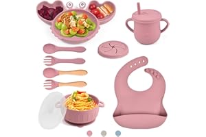 Bwaliffury Vajilla Bebe Silicona 10 Piezas, Juego Vajilla Bebe, Plato Con Ventosa para Bebés, Cuenco Con Ventosa, Babero Silicona Bebe, Taza de Agua Potable para Bebés, Cuchara/Cuenco, Sin BPA (rosa)