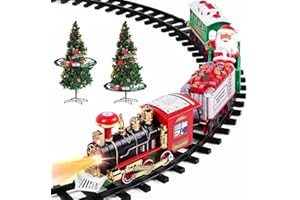 PARTENOPE Trenino Natalizio con Supporto Installazione per Centro Albero di Natale Treno Elettrico 2 Vagoni + Slitta Babbo Natale con Luci e Suoni Decorazioni Natalizie Diametro Pista 89 cm