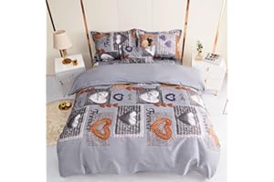 KUMY Juego de Funda Nórdica 5 Piezas: Funda nórdica,2 Fundas de Almohada, Funda de Cojín y Sábana Bajera- Estilo y Comodidad Total (Corazon Gris, Cama 90x190/200 + 150x220 + 2*(50x70) + 30x50)