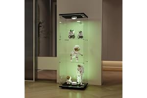 fortuna Lai Glass Display Cabinet Standing with LED 46 x 36 x 125 cm, Display Cabinet with 3 Layers, Modern Glass Display Case for Collectibles, Books, Wine (Black with LED Light, 42 x 36 x 125 cm)