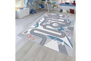 TT Home Children's Rug, Play Rug For Child's Room Road Motif With Animals Cream, Size:120x160 cm