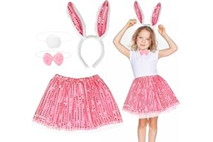CAPANEUS Deguisement Lapin Enfant Fille,Costume Lapin Tutu Jupe avec Bandeau Oreille, Lapin Orange Tutu Pailleté Rose Fille Pour Pâques Carnaval Halloween Cosplay Fête