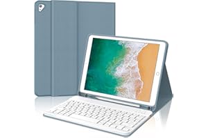 IVEOPPE Coque Clavier pour iPad 6/5 EME Generation/Pro 9.7/Air 2/Air 1 9.7", Étui Keyboard AZERTY Français Layout sans Fil Bluetooth Amovible avec Porte Crayon pour iPad 9.7 2018, Bleu Gris