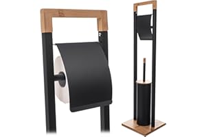 ‎KADAX KADAX Toilettenpapierhalter mit integrierter WC-Bürste, Klopapierhalter Stehend mit Klobürste für Badezimmer, WC Garnitur aus Stahl und Bambus (Schwarz)