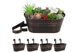 BOFUNX 4Pcs Metal Hanging Flower Pots, Iron Hanging Plant Pots Planter Bucket with Detachable Hooks for Fence Balcony Garden Home Decoration (Vintage Black)