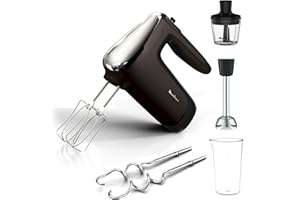 Moulinex Powermix Silence Batteur à main, 600 W, Variateur de vitesse, Turbo, 2 fouets, 2 crochets pétrisseurs, Pied mixeur en acier inoxydable, Mini hachoir HM653910, Argent