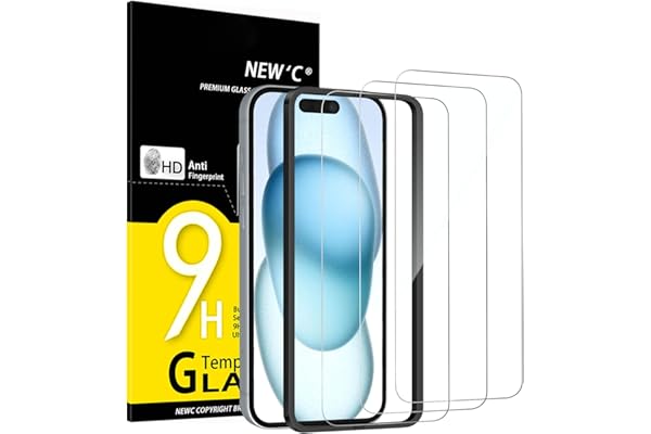 NEW'C 3 Piezas, Protector Pantalla para iPhone 16,iPhone 15 (6,1 Pulgadas), Cristal templado con herramienta de instalación fácil incluida, Antiarañazos, Antihuellas, Dureza 9H, Ultra Resistente