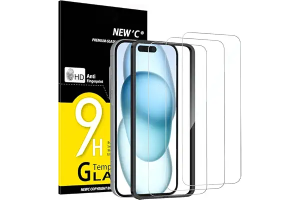 NEW'C 3 Piezas, Protector Pantalla para iPhone 16,iPhone 15 (6,1 Pulgadas), Cristal templado con herramienta de instalación fácil incluida, Antiarañazos, Antihuellas, Dureza 9H, Ultra Resistente