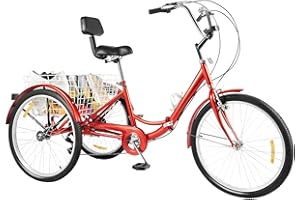 CHERIKIU 24 Zoll 7-Gang Dreirad für Erwachsene, 3-Rad-Cruiser-Fahrrad Lastenfahrrad Einkaufen Faltbares Dreirad mit Licht Becherhalter&Gemüsekorb, Verstellbarer für Erwachsene SeniorenOutdoor-Sport