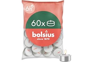 Bolsius D-Light Tea Lights - Pack of 60 - in Bag - Length Burning Time 6 Hours - Decorative Household Candles - White - Contains Natural Plant Wax - Without Palm Oil