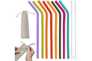 UHETLET 16PCS Pajitas de Silicona Reutilizables, Pajitas de Silicona sin BPA, Cañitas Reutilizables con 2 Cepillos de Limpieza y Bolsa, Paja para Zumo, Cócteles, Leche y Café en Casa, Fiestas o Viajes