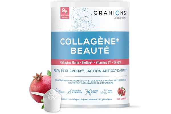 COLLAGENE +BEAUTE -GRANIONS Collagène N°1 en Pharmacies- Collagene Marin Poudre -Collagene et Acide Hyaluronique- Collagene Marin, Biotine -Beauté Peau et Cheveux -Saveur Grenade-Collagene Poudre 275g
