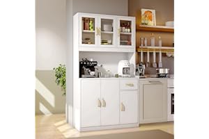 VOWNER Credenza Alta per Cucina, Mobile Buffet, Mobile Cucina Dispensa, 6 Ante e 4 Vani Aperti, Armadietti in Legno, 100L x 40W x 181H cm, per Microonde e Macchina per Caffè (Bianca)