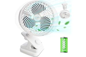 AIDSCI Auto Oscilación Ventilador Pinza, 10000mAh Recargable Ventilador USB Portatil, Mini Ventilador de Mesa Camper con Luz LED, Clip Ventilador con Gancho Pequeño Silencioso de Velocidad Continua, Ø18cm