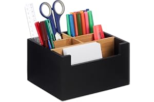 Relaxdays Schreibtisch Organizer, Bambus, 5 Fächer, für Bürobedarf & Kosmetik, Stiftebox, HBT: 9,5 x 18 x 15 cm, schwarz