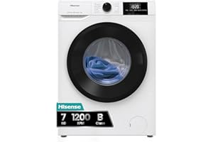 Hisense WF1G7021BW - Lavadora, Clase B, 7 Kg, 1200 rpm, Alto 84.5cm x Ancho 59.5 cm, Color Blanco, Función Vapor 99.9%, Lavado Rápido, Pausar y Añadir, Finalización Diferida, Limpieza de Tambor