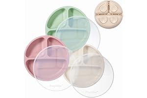PandaEar Assiettes à succion en silicone pour bébés et tout-petits, lot de 3 assiettes divisées incassables avec couvercle - Lavable au lave-vaisselle et au micro-ondes (Rose Vert Beige clair)