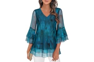 Syphiby Womens Blouses Ruffle 3/4 Sleeve Mesh Ladies Tops Chiffon Double-Layered Tunic Tops Loose Flowy Shirts