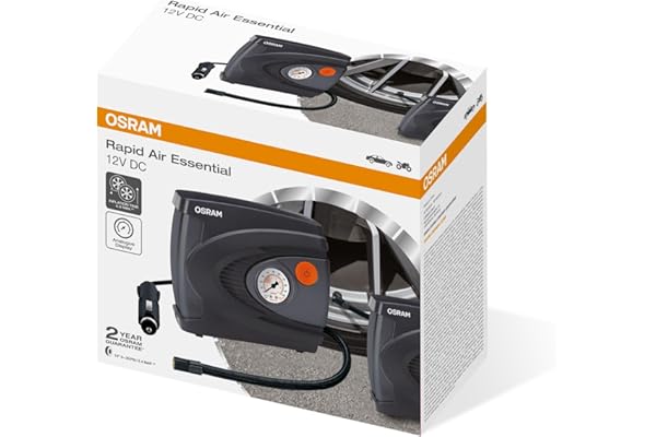 OSRAM Rapid Air Essential, gonfleur de pneus analogique compact, gonfle un pneu en 4,5 minutes, OTI610, alimenté par une prise 12 V embarquée