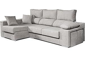 ECCOX - Sofá Chaise Longue Rubí 3 Plazas - Asientos Deslizantes, Cabeceros Reclinables y Arcón de Almacenaje - Cojines y Pufs Incluidos - Chaiselonge Izquierda Tapizado Tela Antimanchas - Color Gris