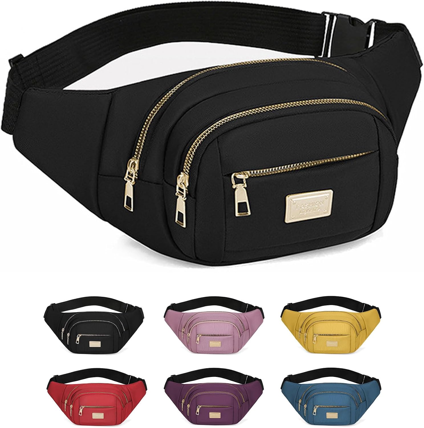 ADUDVLO Bumbags for Ladies Women Men Lightweight Adjustable Bum Bag Fanny Pack with 4 Zipper Pockets,Fashionable Waist Pack for Travel, Running, Hiking, Cycling (Black)
