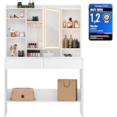 VASAGLE Dressing Table with LED Lights, Strip, Mirror, 2 Drawers | Kailyn RDT123T14 Makeup Table, 3 Colors with Adjustable Br