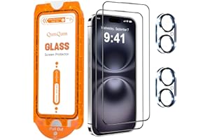 QsmQam für iPhone 16 für Panzerglas + Kamera Schutzfolie, Militärstandard Bruchsicherer, [Full Screen], Ultra Top 9H+ Glas, Auto-Installation, mit Auto-Staubentfernung [2+2 Stück]