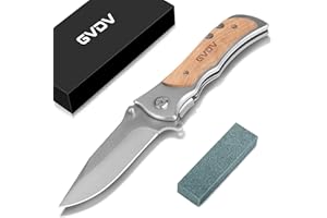 GVDV Navaja de Bolsillo Plegable Piedra de Afilar - Cuchillo de Caza de Supervivencia de Acero Inoxidable 7Cr17, Mango de Madera de olivo, Hoja Recubierta de Titanio, Cerradura de Seguridad