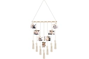 BELLE VOUS Makramee Organizer Foto Collage Wand mit 25 Holzklammern - 40 x 92 cm - Hält 25 Bilder - Für Bilder Collagen, Dekorationen, Drucke, Kunstwerke und Fotos Aufhängen
