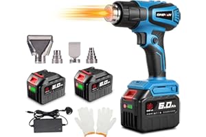 ONEVAN Cordless Heat Gun Hot Air Shrink Gun - Max 600°C (1112 °F), LCD Display, High and Low 2-Temperature Setting, 4-Fans Setting, with 2 * 6.0Ah Batteries, 4 Nozzles for Crafts, Shrinking PVC, Wrapping