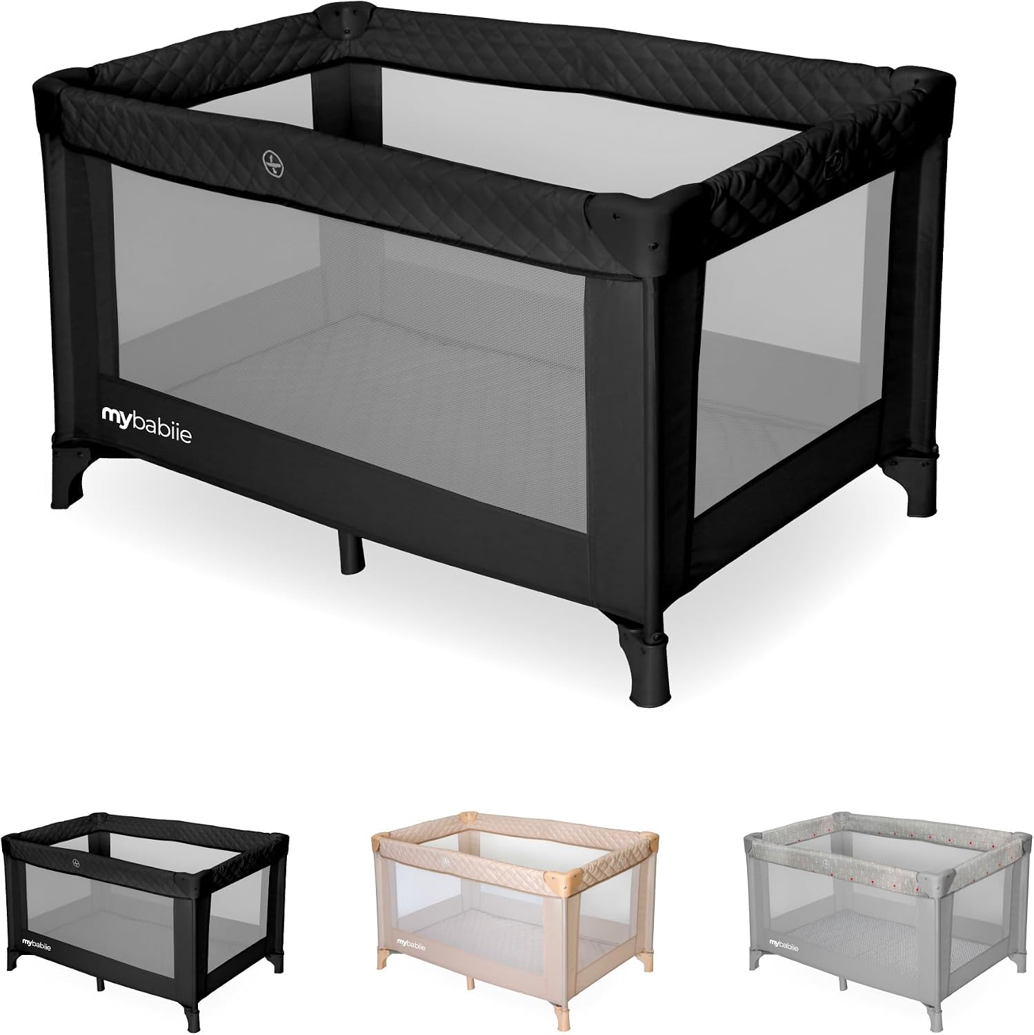 My Babiie Travel Cot - Lightweight, From Birth to 15kg, Easy Fold & Compact, Travel Bag, 120cm x 60cm Padded Mattress - Quilted Black