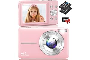 NSOELA Digital Camera, Vlogging Camera Rechargeable Digital Cameras with 32G Memory Card FHD 1080P 44MP Compact Camera with 16X Digital Zoom, Portable Mini Camera with 2 Battery for Teens,Kids（Pink）