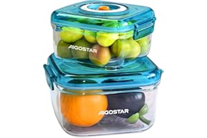 AIGOSTAR Pojemnik próżniowy do żywności, z pompką próżniową, wolny od BPA, pojemnik na zapasy, zestaw pojemników próżniowych, pojemnik próżniowy, zestaw pojemników na zapasy, 2 sztuki, niebieski