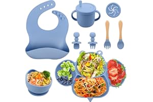 YARVPUV Coffret Repas Bebe,8 Pièces Assiette Ventouse pour Bébé Assiette Enfant avec Ventouse, Gobelet en Silicone, Cuillère, Fourchette, porte - Bébé, Gobelet à Boire,BPA Free,Bleu