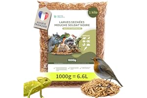 DETOX ORGANICA Larve Mouche Soldat Noire 1000g / 1k (équivalent 6,6 litres) Qualité Premium, Black Soldier Fly : Friandise pour Oiseaux, Hérissons, Tortues, Reptiles, Poissons, Rongeurs - 100% naturel, Sans additifs