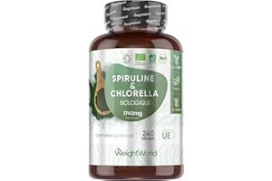 WEIGHTWORLD Spiruline Chlorella Bio - 240 Gélules Vegan 1740 mg par Portion, Riches en Protéines, Fer, Vitamines B, Chlorophylle & Acides Gras Essentiels - Oméga 3 & 6, Algues Alimentaires Spiruline & Chlorelle